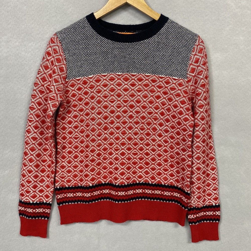 Joe Fresh Women S Sweater Red White Navy Diamond Wool Blend Pullover Long Sleeve